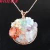 Round Natural Cabochon Stone Tree of Life Pendant Rose Gold Wire Wrap 7 Chakra Chip Bead Women's Necklace BO902