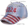 Diamante listrado American Flag Baseball Cap 2024 Trump jeans Sun Hat Letter Cap peito