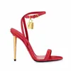 stiletto heel sandals womens shoe Fashion Designer Satin Gold padlock Dress shoes Genuine Leather Narrow Band high Heeled women sandal Free postage