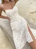 캐주얼 드레스 Merodi Chic Lady 우아한 해변 스타일 꽃 프린트 흰색 긴 슬릿 드레스 여름 여자 빈티지 하이 허리 프랑스 휴일 드레스