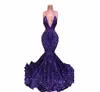 2022 Purple Sparkly Sequined Lace Long Evening Dresses Wear Sexy Backless Halter African Girls Mermaid Sequins Women Formal Prom Party Gowns Plus Size