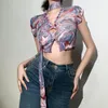 T-shirt da donna T-shirt moda donna Pullover traspirante Stampato elasticizzato con scollo a V Manica corta Hollow Slim Sexy Crop Top con sciarpaDonna