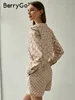 Berrygo Elegant Short Sets Silk Shirt For Women Fashion Long Sleeve Pocket Print Tweed Piece Set Set Summer Casual Work Satines Set 220611