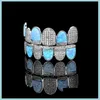 Hip Hop Gold Plated Zircon Husces With Sky Blue Opal Gem Teeth Grillz Men Womens TopBottom Grills Set Drop Delivery 2021 Grillz Dental Bod