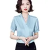 Женские блузкие рубашки синий цвет ацетатный атласный случай повседневная блузка Женская одежда 2022 Лето мода Тонкая V-образная офис