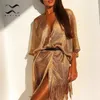 Tassel Gold Bikini Cover Up Sexy Beach Dress Taunique pour les femmes Summer Summer Voir à travers les couvertures de maillot de bain Kaftan 220504