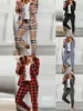 Frauen Zwei Stück Hosen 2022 Herbst Casual Plaid Print Langarm Blazer Mantel Kordelzug Set Stücke Anzüge Frauen Elegante damen Tops