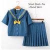 Ensembles de vêtements japonais écolier JK uniforme fille Anime longue chemise à manches courtes marin robe ensemble bleu marine collège jupe plissée Plus Si