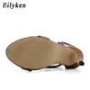 Eilyken 2021 Nieuwe Gladiator Women Sandalen Peep Toe High Heel Black Button Dunne Heel Shoes Fashion Bruin Black Pumps Sandals 210306