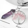 Natursten Tree of Life Key Rings Fluorite Hexagonal Prism Keychains Healing Rose Crystal Car Decor Keyhållare för Kvinnor Män