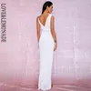 LOVELEMONADE Sexy blanc col en v profond avec paillettes fendues robe Maxi de soirée LM81849 220507