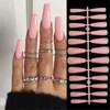 False Nails 24pcs Coffin 가짜 분리 가능한 노란색 그라디언트 꽃 데칼 발레 네일 아트 팁 긴 금 반짝이