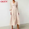 OOTN Beige Single Breasted Sexy Dress Party Clud High Waist Satin Long Dress Elegant V Neck Women Midi Dresses Lantern Sleeve 210322