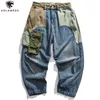 Aolamegs Jeans Men Patchwork Multi-Pocket Denim Pants Beggar Style Japanese Retro Jeans Autumn High Street Casual Men Streetwear 210318