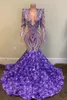 Lila Lavanta Mermaid Abiye 2022 Balo Sparkly Pullu 3D Çiçekler V Boyun Uzun Kollu Afrika Siyah Kız Örgün Balo Chron232