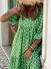 Boho Maxi Dress Women Floral Print Summer Holiday Beach Dress Kvinnlig Puff Sleeve Loose Sundress Green Vestidos Mujer 220705