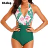 Deep V Neck Swimwear One Piece Swimsuit Bikini Sexy Backless Female 2022 Trikini Halter Bandage Bathing Suit High Waist XL