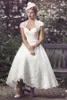 Vintge biała kość słoniowa krótka sukienka ślubna długość herbaty Linia panna młoda sukienki czapki Sweetheart koronkowy aplikacja Marie vestido de novia a linia mostowa