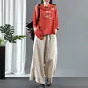 Vårkonst Stil Kvinnor Vintage Knapp Stativ Krage Loose Shirts Bomull Linen Broderi Blouse Femme Blusas Plus Storlek S700 220402