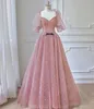 Sexy rosa Abendkleider mit Perlenkristallen Lange Prinzessin Velvet Satin Party besondere Anlässe Kleider Falten Rüschen Promise Kleid tragen