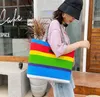 캔버스 스토리지 쇼핑 가방 대형 한 어깨 패션 휴대용 여성의 무지개 줄무늬 가방 재고 도매