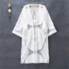 Summer Swimsuit Lace Hollow Het Bikini Cover Up 34 Sleeve Women Topps Badkläder Dress White Beach Tunic Shirt 220621