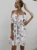 파티 드레스 여름 섹시한 스파게티 스트랩 플로럴 프린트 미니 드레스 여자 2022 캐주얼 슬래시 목 레이스 업 주름 패션