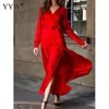 Party Dresses Women's Bohemian Deep V-Neck Dress Slits Big Swing Long kjol Gul Solid Cute Gaze Sleeve Evening Dressparty