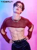 INCERUN T Shirt Mesh See Through Oneck Long Sleeve Streetwear Hollow Out Irregular Crop Tops Sexy Casual Men Clothing 220811