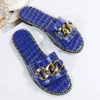 Plus Size 3543 Leopard WomenS European American Metal Chain Square Toe Flat ShoeS Sandals Slippers 220630