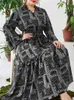 プラスサイズのドレス長袖ドレス女性サマースタンドvネックレトロ格子縞の印刷ビンテージブラックハイウエストマキシドレスプラス