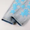 Men's Jeans Men Leather Stars Patches Denim Streetwear Sky Blue Patchwork Stretch Skinny Pants Holes Ripped Distressed TrousersMen's
