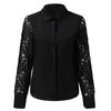 Blouses -shirts voor dames sexy vrouwen wit kanten shirt lange mouw bloemen splicing revers blouse top vrouwelijke elegante dame zwarte pure kleding