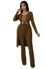 Women's Two Piece Pants Autumn Winter Ribbed Knitted 2 Pant Suits Women Casual Lace Up Drawstring Long Sleeve Tops And Bodycon Flare Trouser