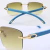 Wooden With Metal C Decoration Glasses 18K Gold Blue Wood Rimless Sunglasses Unisex Ornamental Light color lens Driving Fashion Adumbral Eyewear Size:54-18-140mm