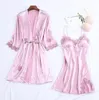 Women's Sleepwear Women 2PCS Navy Blue Robe Sets Sexy Satin Split Lingerie Dressing Gown Kimono V-Neck Nightdress Nighty Loose Lounge Home C