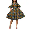 BintaRealWax 여성을위한 새로운 코튼 아프리카 프린트 드레스 Bazin Riche 여성 v 넥 무릎 길이 투투 드레스 아프리카 스타일 의류 WY2752