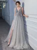 2022 Hot Split Evening Dresses Plunging Neckline Crystal Prom Gowns Custom made Tulle Evening Party princess Dress Real Pictures