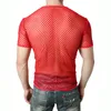イエローメッシュスルーTシャツの男性セクシーな半袖フィッシュネット透明なTシャツHommeヒップホップストリートウェアトップスTシャツ220527