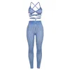 Woman's Two Pieces Pants Summer Fashion Blue Striped Print Bandage Bra Tops and High Waist Pant Sets