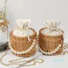 Summer Braided Straw Totes Bucket Bag Ladies Portable Round Handmade Rattan Beach Bags Pearl Handheld Handbags Travel Womens Shoulder Crossb