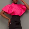 Blouses voor dames shirts Malina Summer Office Lady Stand Collar Women Mode Knop Down Elegant Short Sleeve Tops Female Ladieswomen's