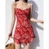 TVvovvin Korean Girl 's Red Vneck Floral High High Waist 주름 탱크 드레스 휴일 짧은 패션 여성 드레스 Camisole FQ04 220523