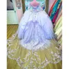 2022 Appliques a mezza manica a mezza soffio in pizzo Quinceanera Abito da ballo con mantello fuori dalla spalla per perle di perline per perline Pageant Sweet 15 B070 258p