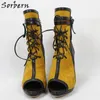 Sorbern Coffee Ginger Yellow Ankle Boots Women Chunky High Heels Unisex Fetish Booties Open Toe Lace Up