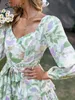 Holiday Sash lange mouw ruches print romper zomer vrouwen vat floral short algehele A-lijn v-neck strand rompers 220520