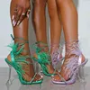 2022 High Heels Sexy Feather Ankle Strap Sandals Summer Pumps Slides Crystal Bling Slippers Woman Shoes Party Dress Flip Flops Y220409