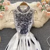 New Fashion Runway Summer Dress Women's Sleeveless Stand Collar Floral Embroidery Elegant High Waist Zipper Mini Vestidos 2023