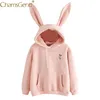 Hoodies konijn oor sudadera kawaii sweatshirt dames winter warme roze hoodies sweatshirts met voorzak lj200811