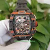 Montres de qualité supérieure de vente chaude 44 mm x 50 mm RM11-03 McLaren Skeleton NTPT Bandes de caoutchouc en fibre de carbone Transparent Mécanique Automatique Montre pour homme Montre-bracelet